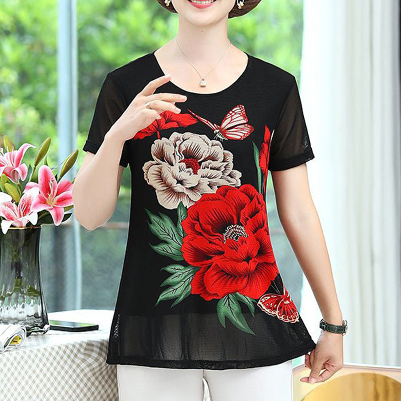 Women's Elegant Chiffon Short Sleeve Floral Print T-Shirt