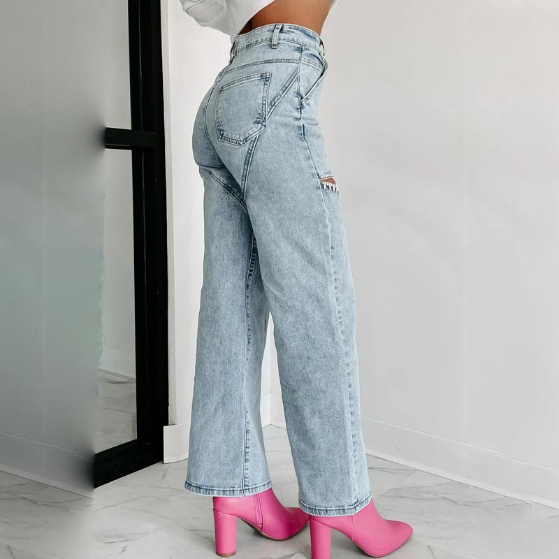 🎉Hot Sale🎉Women’s Rhinestone Ripped Straight-leg Jeans