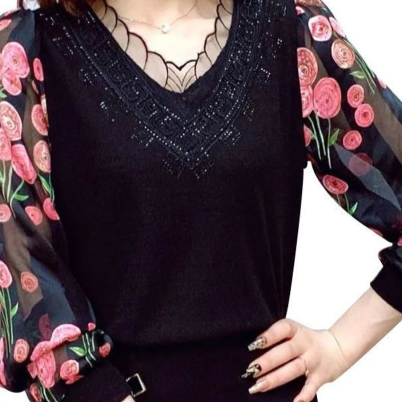 V-Neck Lace Trim Floral Sheer Sleeves Top