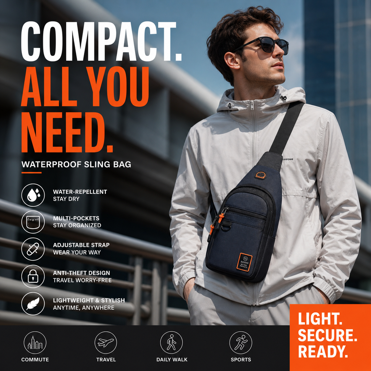 🎒✨ Waterproof Multi-pocket Crossbody Sling Bag – Organized Storage, Adjustable Strap, Headphone Jack 🌧️