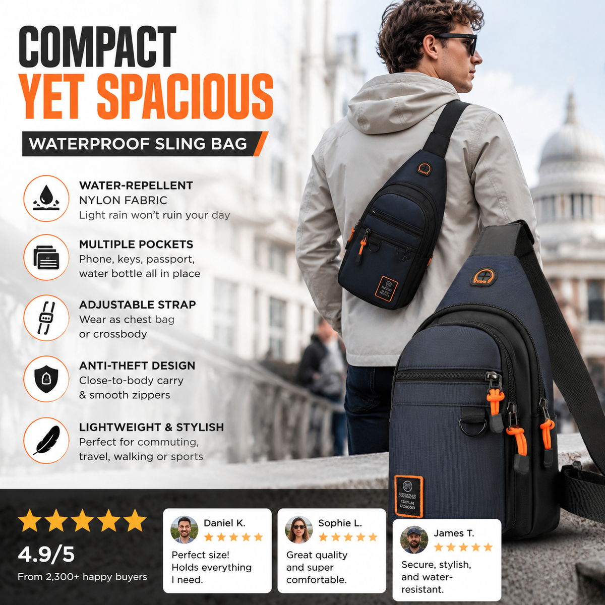 🎒✨ Waterproof Multi-pocket Crossbody Sling Bag – Organized Storage, Adjustable Strap, Headphone Jack 🌧️