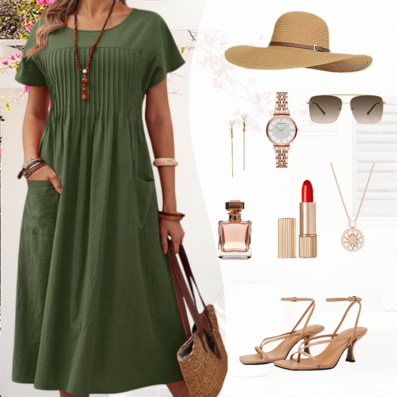 👗 Women’s Pleated Short-Sleeve Dress with Pockets – Soft Cotton-Linen Blend ☀️👜