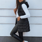 Women’s Zip-Up Long Puffer Vest👗 | Solid Color | Sleeveless | Hooded | Winter Wear 💕