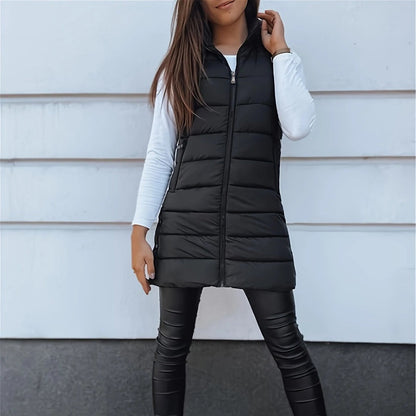 Women’s Zip-Up Long Puffer Vest👗 | Solid Color | Sleeveless | Hooded | Winter Wear 💕