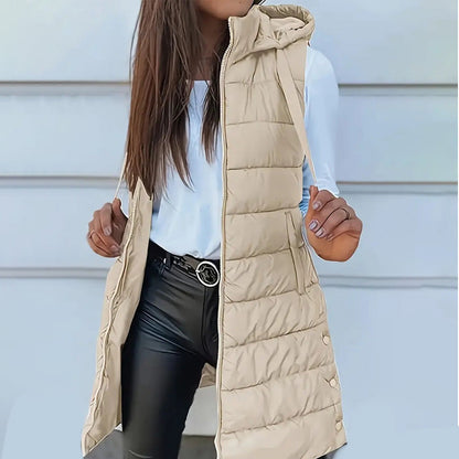 Women’s Zip-Up Long Puffer Vest👗 | Solid Color | Sleeveless | Hooded | Winter Wear 💕