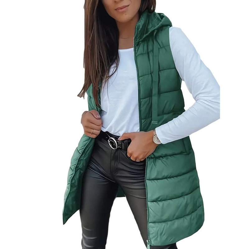 Women’s Zip-Up Long Puffer Vest👗 | Solid Color | Sleeveless | Hooded | Winter Wear 💕
