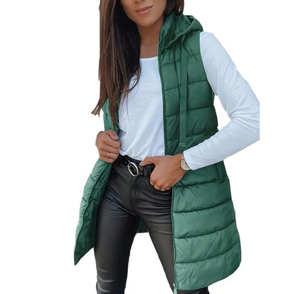 Women’s Zip-Up Long Puffer Vest👗 | Solid Color | Sleeveless | Hooded | Winter Wear 💕