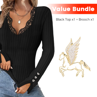 Value Bundle: Lace Detail V-Neck Top for Women + Brooch