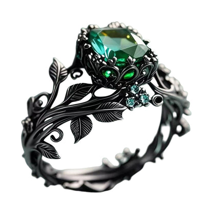 ✨💖Green Synthetic Crystal Ring with Intricate Leaf💍