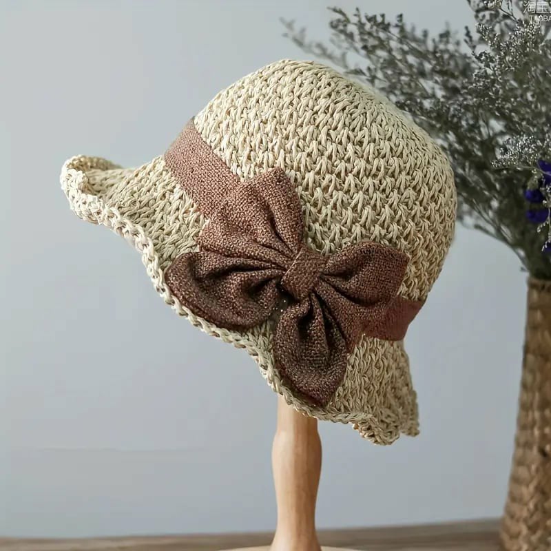 Straw Hat with Retro Bow – Foldable & Breathable for Summer