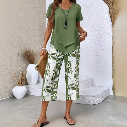 🔥Women's 2-Piece Set – Layered Asymmetrical Tunic Top & Printed Wide Leg Pants, Breathable Polyester ✨