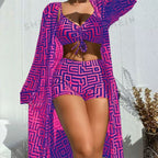 Women's Geometric Print 3-Piece Swimwear Set | High-Waisted Tummy Control Bikini & Sheer Cover-Up | Summer Beach Holiday Outfit