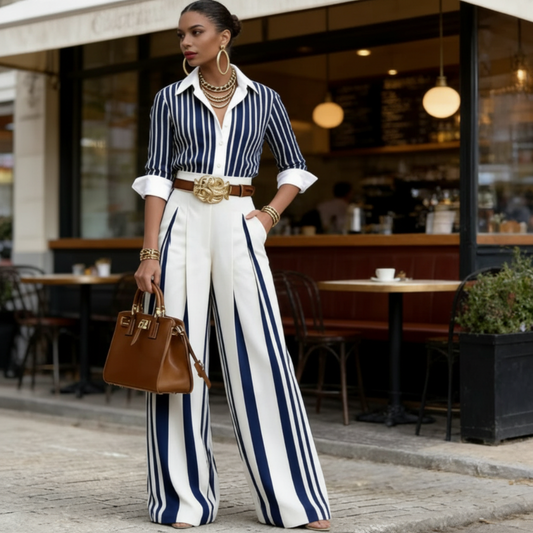 ⏳Time-Limited Special⏰Women's Striped Shirt & Wide-Leg Pants 2-Piece Set