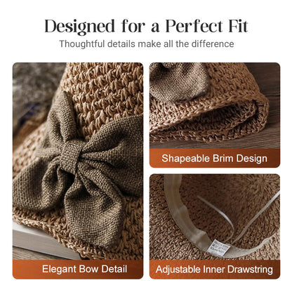 Straw Hat with Retro Bow – Foldable & Breathable for Summer