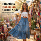 👗 Denim Maxi Skirt – High Waist, Tiered, A-Line, Button Front ✨