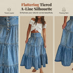 👗 Denim Maxi Skirt – High Waist, Tiered, A-Line, Button Front ✨