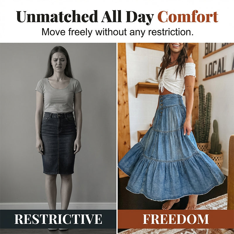 👗 Denim Maxi Skirt – High Waist, Tiered, A-Line, Button Front ✨