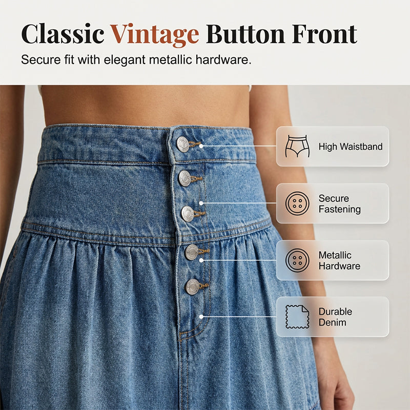 👗 Denim Maxi Skirt – High Waist, Tiered, A-Line, Button Front ✨