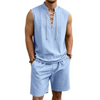 🧵 LIMITED-TIME ✨ Men's Linen Sleeveless Set – Top & Shorts, Lace-Up, 7 Colors ☀️