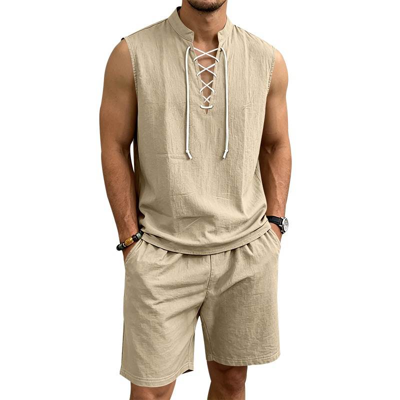 🧵 LIMITED-TIME ✨ Men's Linen Sleeveless Set – Top & Shorts, Lace-Up, 7 Colors ☀️