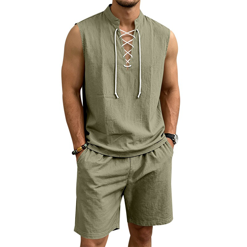 🧵 LIMITED-TIME ✨ Men's Linen Sleeveless Set – Top & Shorts, Lace-Up, 7 Colors ☀️