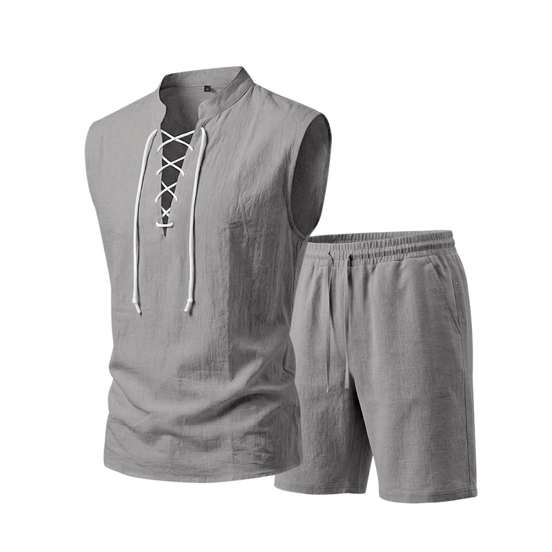 🧵 LIMITED-TIME ✨ Men's Linen Sleeveless Set – Top & Shorts, Lace-Up, 7 Colors ☀️