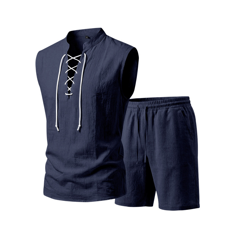 🧵 LIMITED-TIME ✨ Men's Linen Sleeveless Set – Top & Shorts, Lace-Up, 7 Colors ☀️