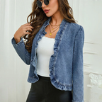 🧥 Women's Ruffle Trim Open-Front Denim Jacket – Lightweight, feminine & versatile – chic for any outfit 👗