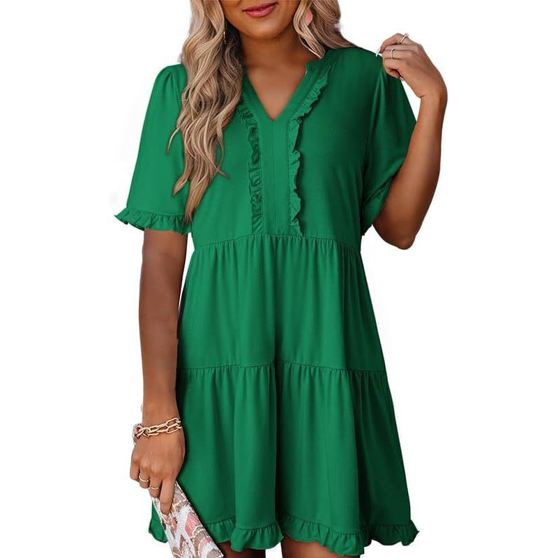 Women's Ruffle Trim V-Neck Tiered Dress