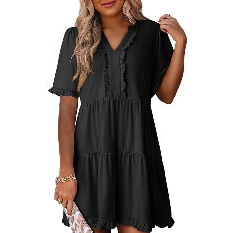 Women's Ruffle Trim V-Neck Tiered Dress