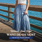 👗 Denim Maxi Skirt – High Waist, Tiered, A-Line, Button Front ✨