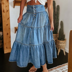 👗 Denim Maxi Skirt – High Waist, Tiered, A-Line, Button Front ✨