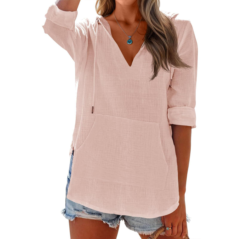 Women's Solid V-Neck Long Sleeve Hooded Top with Pocket