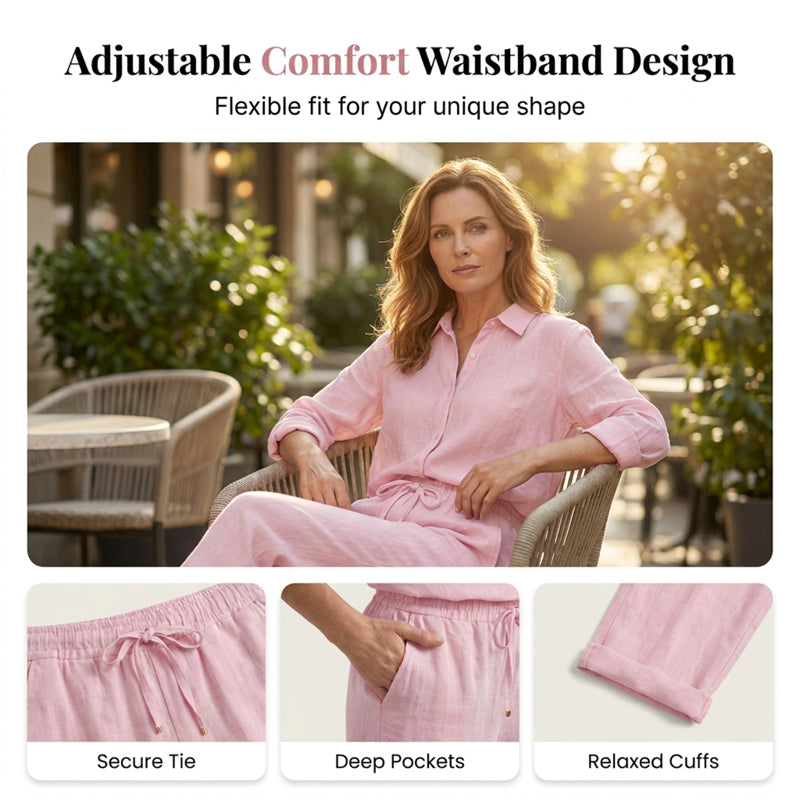 Women's Cotton Linen Long Sleeve Blouse and Pants Set