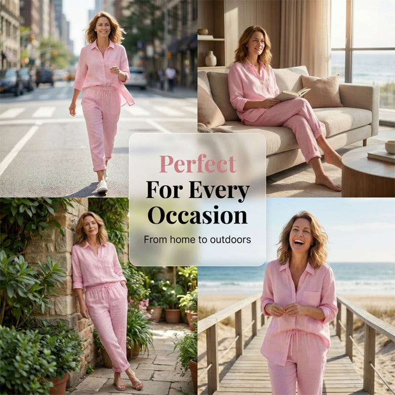 Women's Cotton Linen Long Sleeve Blouse and Pants Set
