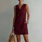 👗 Elegant Slim Fit Cowl Neck Dress – Sleeveless, Side Pockets, Versatile ✨