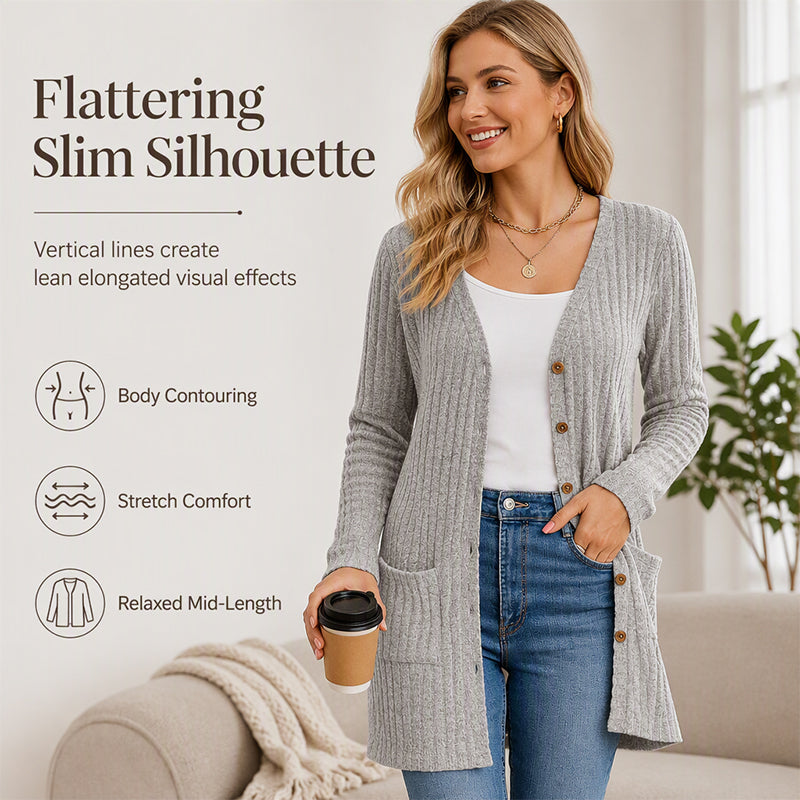 🧥Seasonal Style - V-Neck Cardigan with Relaxed Mid-Length – Soft Drape & Easy Pairing for Any Occasion