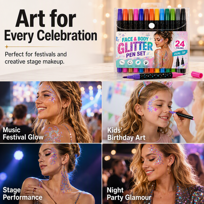 🔥50K+ SOLD!24-Color Face & Body Glitter Marker Set with Dual Tips