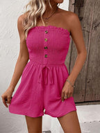 💃Women's Strapless Frill Trim Shirred Tie Front Wide Leg Tube Romper
